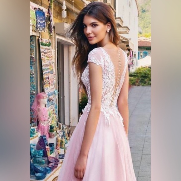 Wedding/prom/evening/gala dress gown lace white pink puff skirt A-line cap sleev - Picture 12 of 12